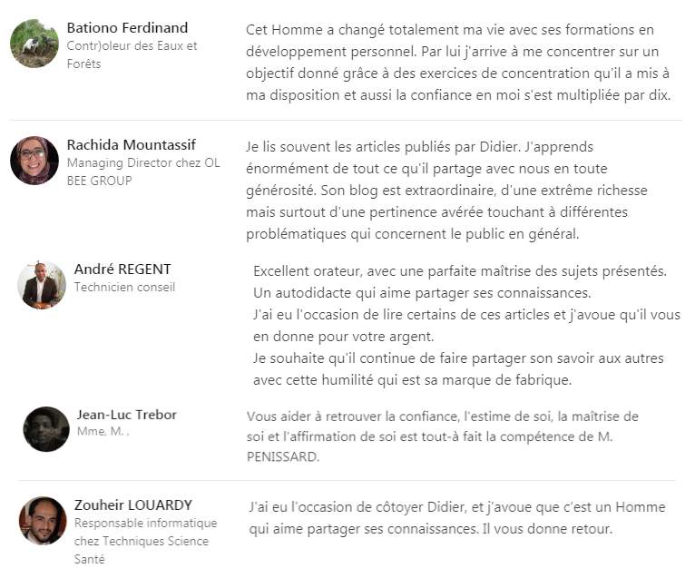 témoignages satisfaction Didier Pénissard cours gratuits de développement personnel